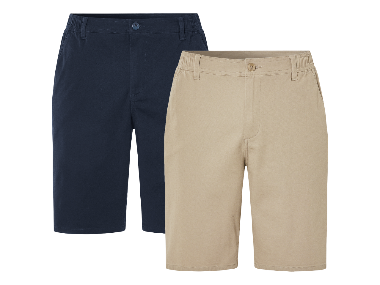 Dvoje muških kratkih hlača, jedne tamnoplave i jedne bež boje, s elastičnim pojasom.
