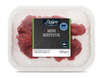 Verpakking met mini biefstuk van rundvlees, 150g, met bereidingsinstructies en bewaaradvies.