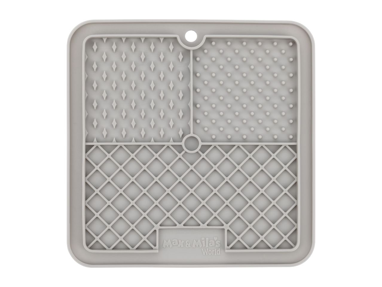 Grey silicone pet lick mat with textured sections for food and treats.