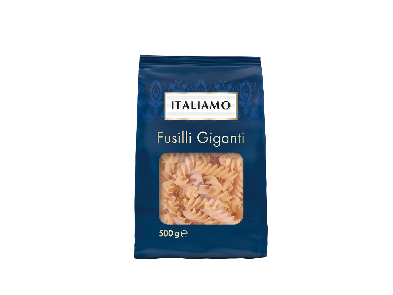 Paquet de pâtes fusilli giganti de 500 g sur fond noir.