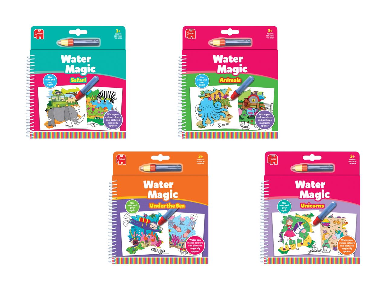 Vier Malbücher mit Wasser-Effekt, Tiermotive.