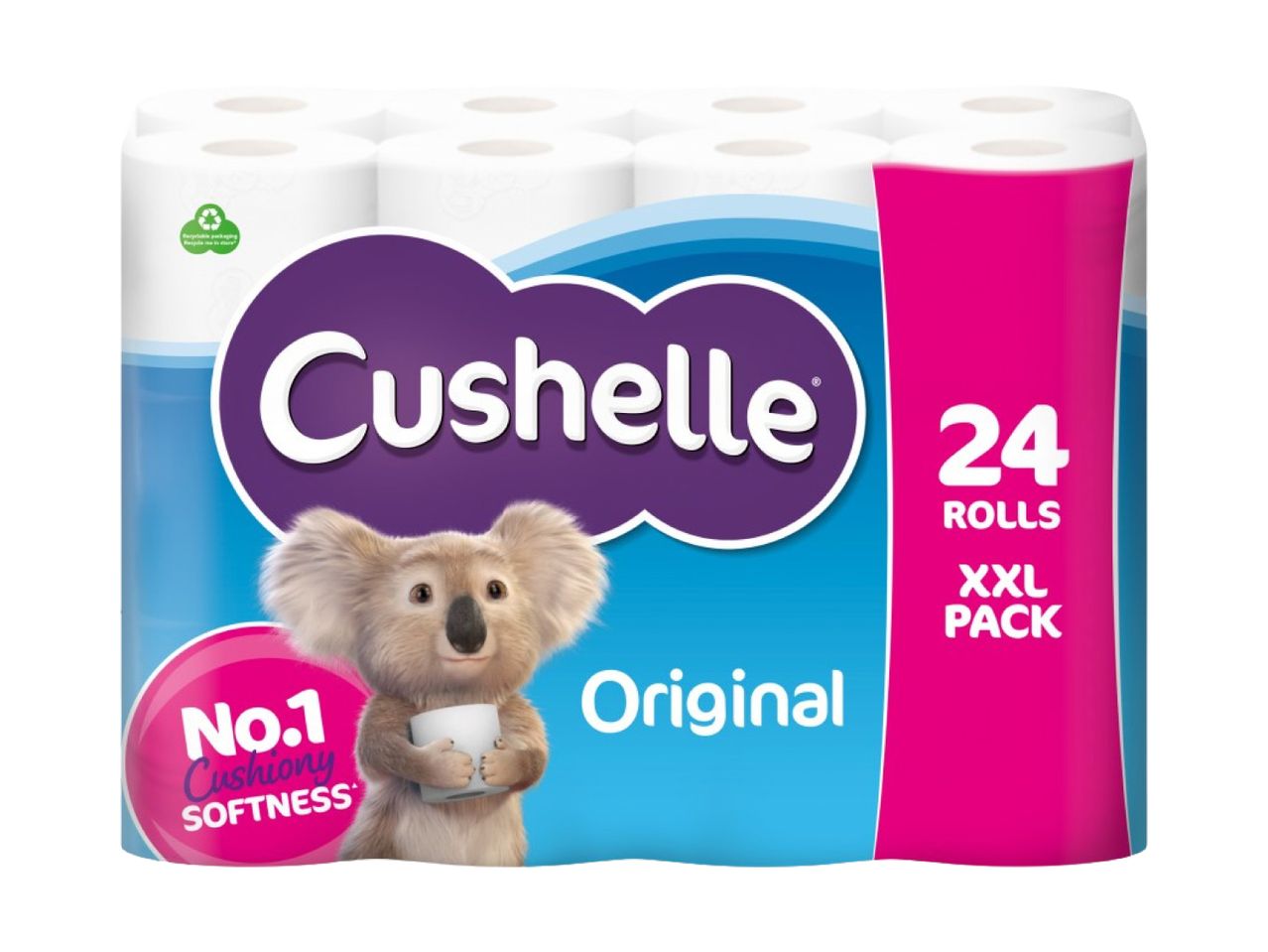 Cushelle Original toilet paper, 24 XXL rolls, featuring a koala mascot.