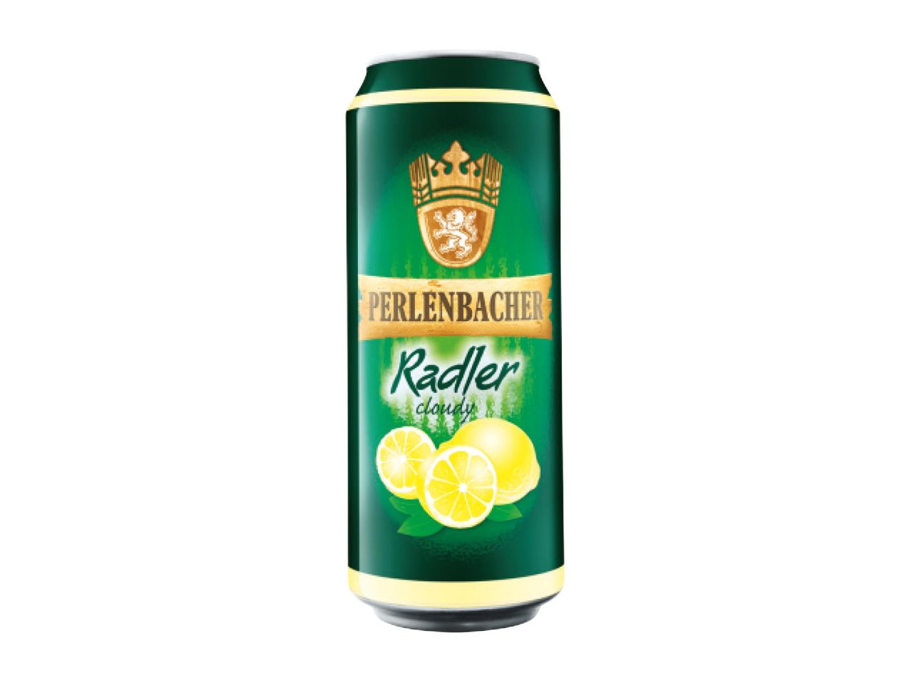 Perlenbacher Radler lemon-flavored beer in a can.