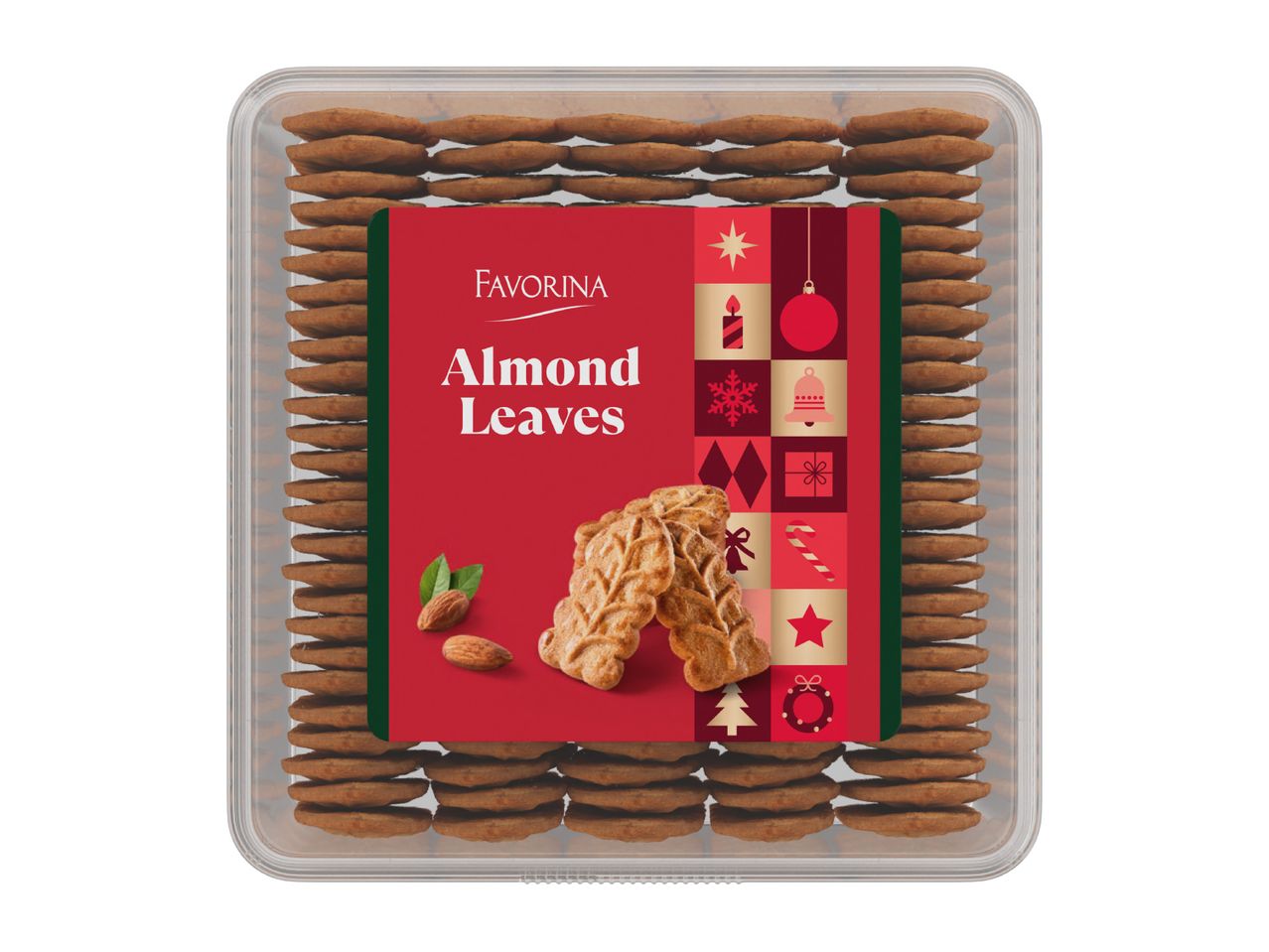 A square plastic tub of almond leaves biscuits with a festive red label.