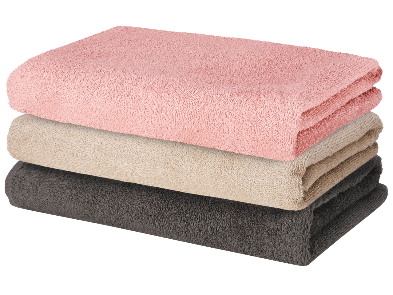 Подредени хавлиени кърпи в розово, бежово и сиво.