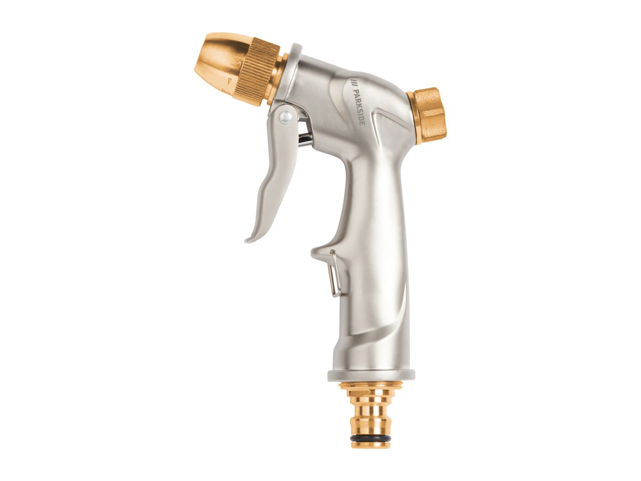 Silver and brass garden hose spray gun with a trigger and adjustable nozzle
