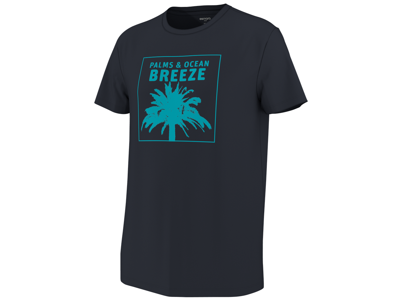 Тъмносиня мъжка тениска с щампа на палми и надпис 'PALMS & OCEAN BREEZE' в тюркоазен цвят.