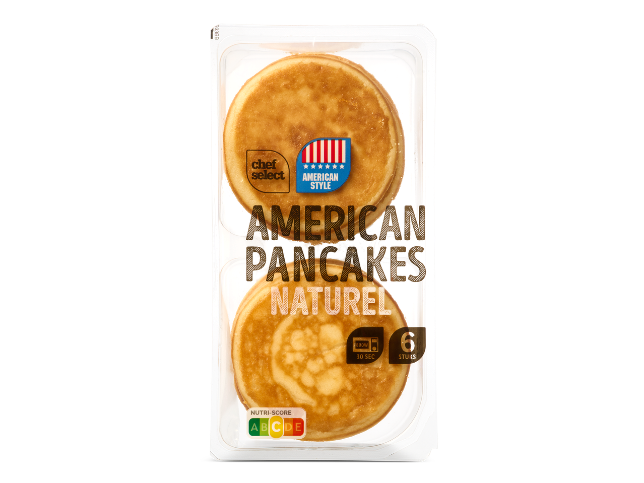 Een verpakking met 6 naturel American pancakes.