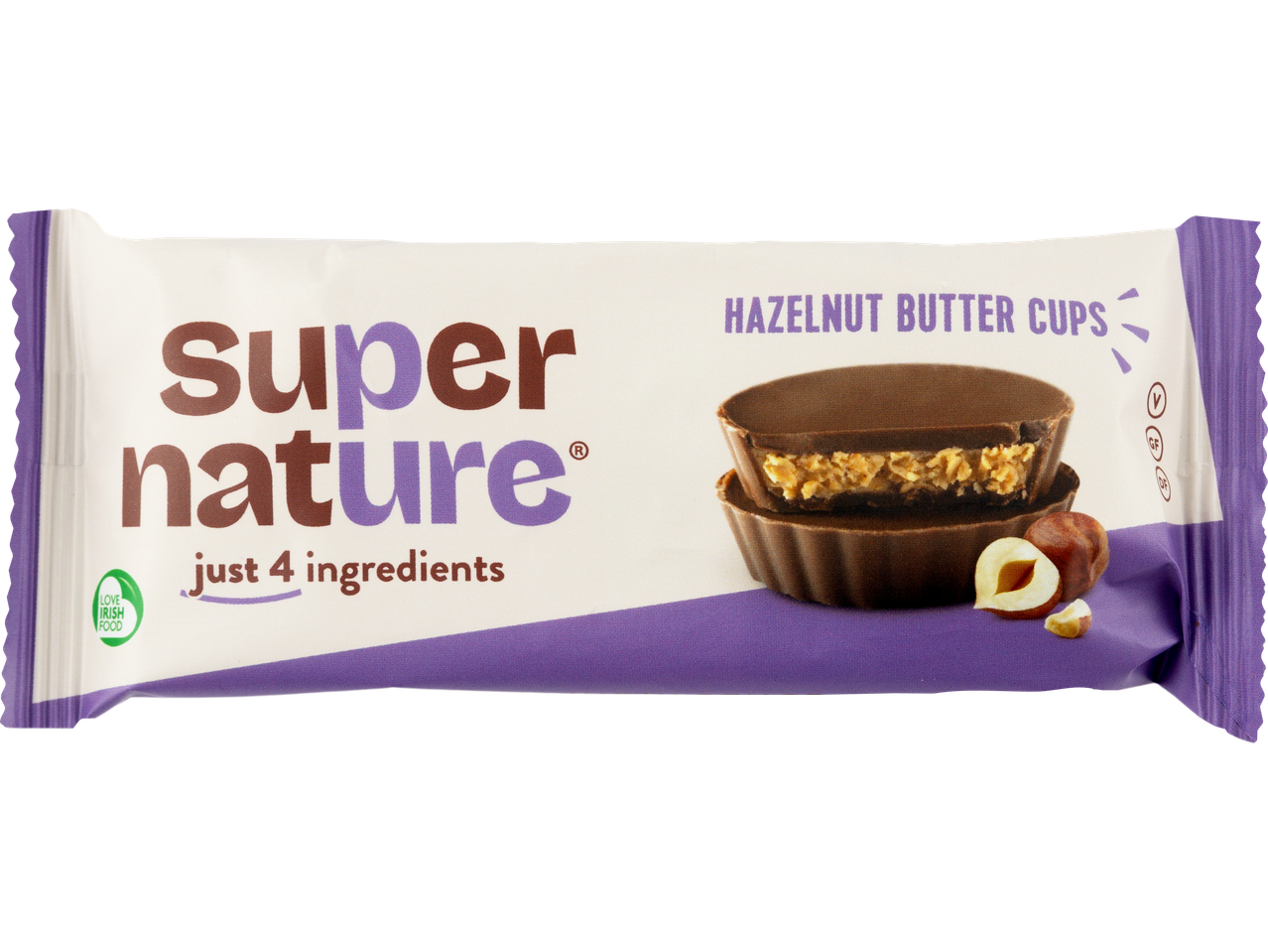 A SuperNature Hazelnut Butter Cups package, stating 'just 4 ingredients'.
