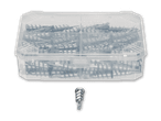 Eine transparente Box mit Metall-Trockenbauankern und ein einzelner Anker darunter.