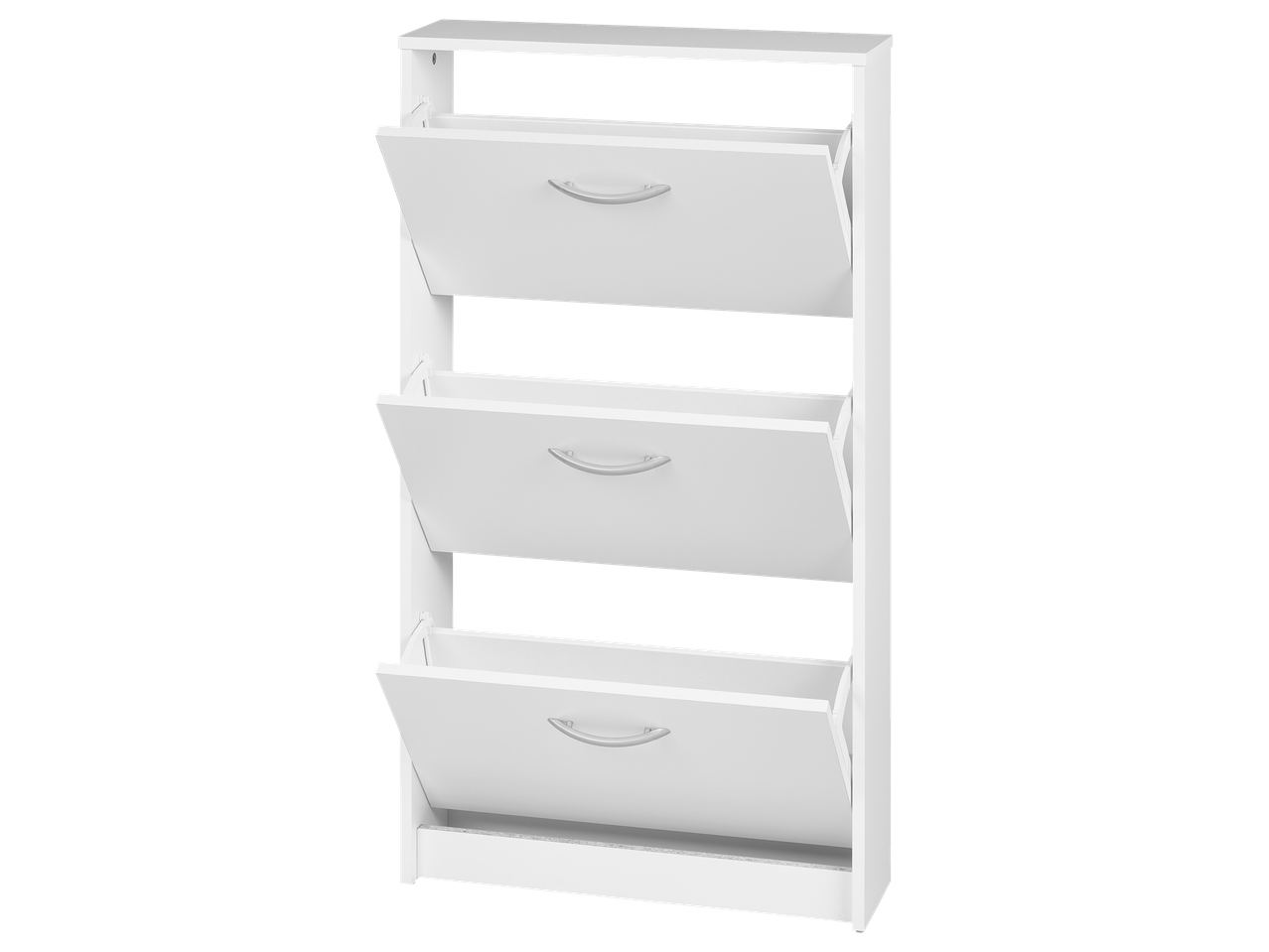 A white three-tier shoe cabinet with flip-up doors and silver handles.