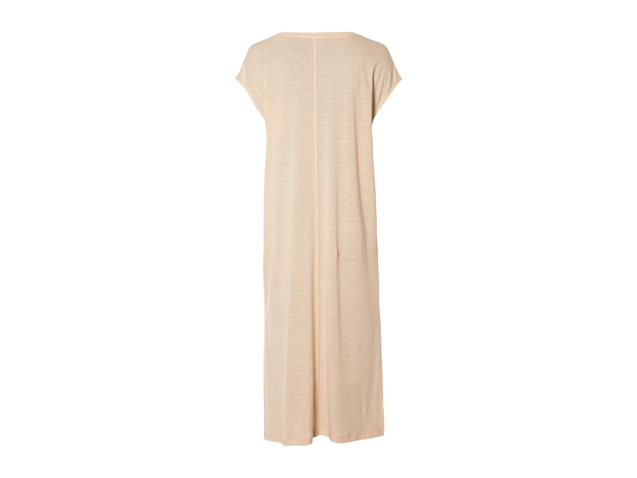 Back view of a long, loose-fitting beige dress with short sleeves.