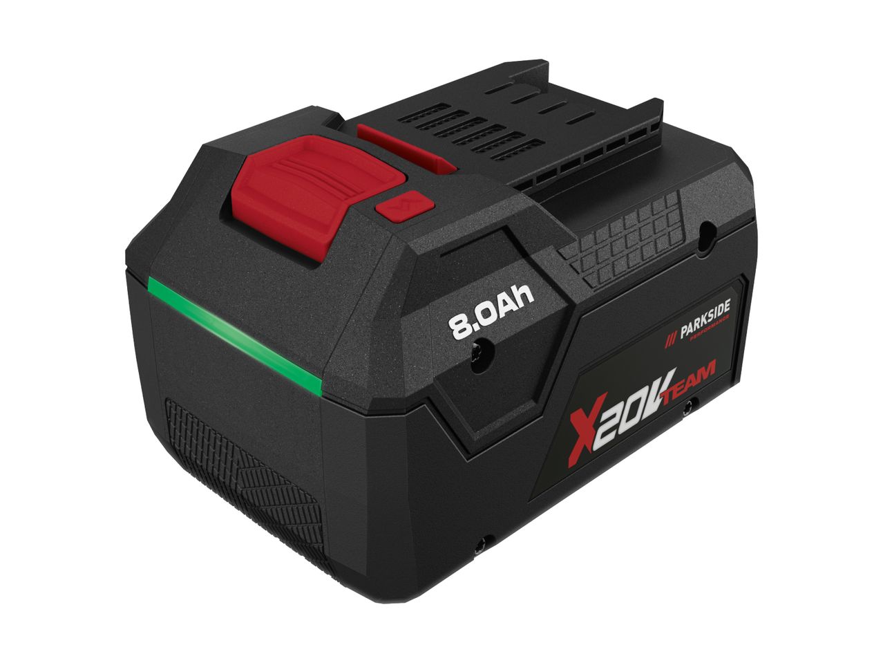 Black and red power tool battery with 8.0Ah capacity and a green indicator light.
