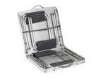 Open portable camping table with folded chairs inside, ready for transport.