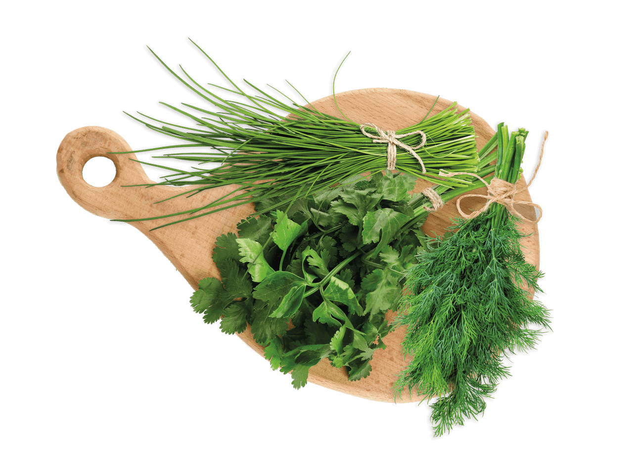 Frische Kräuter wie Schnittlauch, Koriander und Dill auf einem Holzbrett.