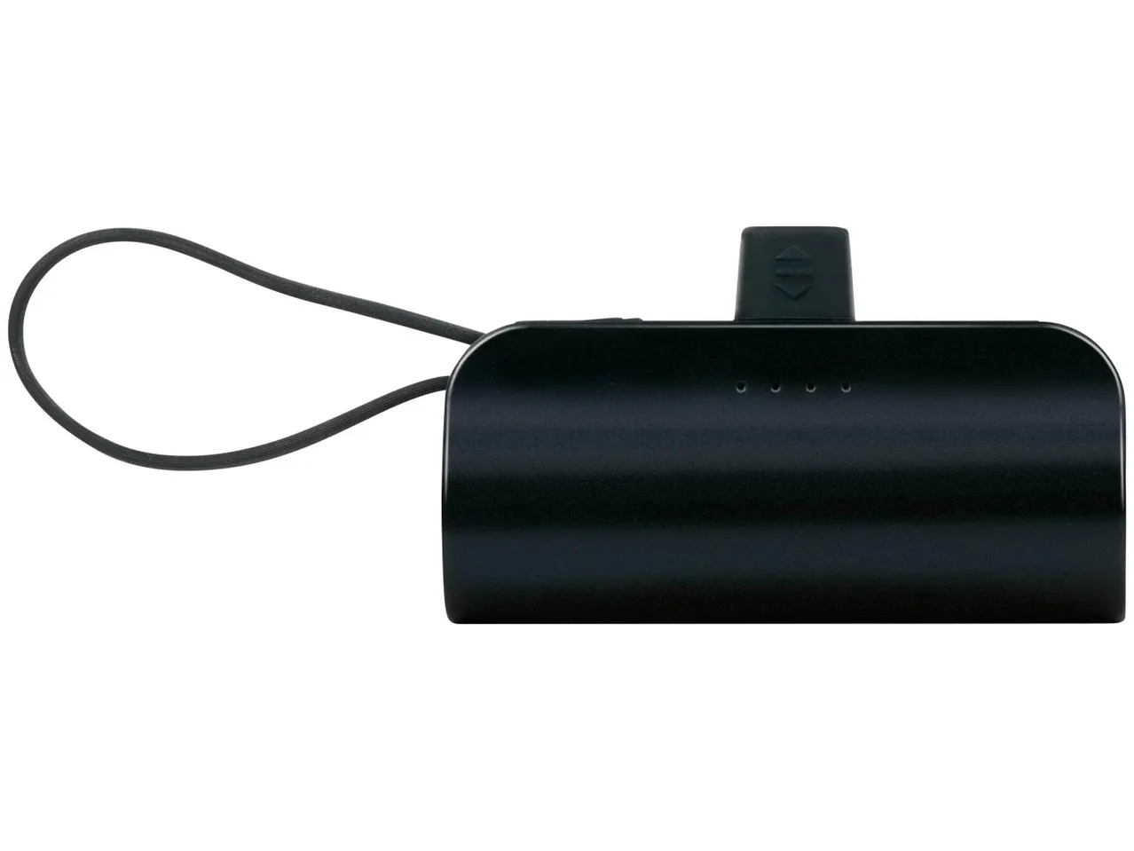Un power bank nero con un cinturino da polso e indicatori LED.