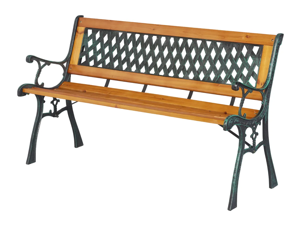 Garden bench with wooden slats and a dark green metal frame with a lattice backrest.