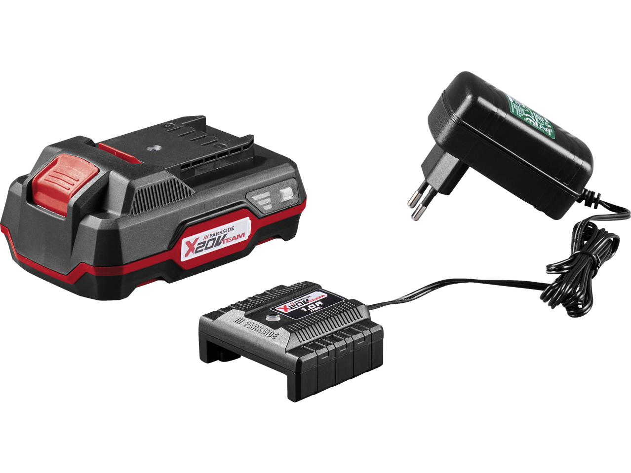 Elektromos szerszám akkumulátor töltővel és hálózati adapterrel, piros és fekete részletekkel.