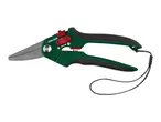 Green and black garden shears with a wrist strap and adjustable opening width