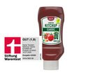 Ketchupflasche mit 'Gut (1,9)' Bewertung von Stiftung Warentest, vegan und aus 100% recyceltem Plastik.