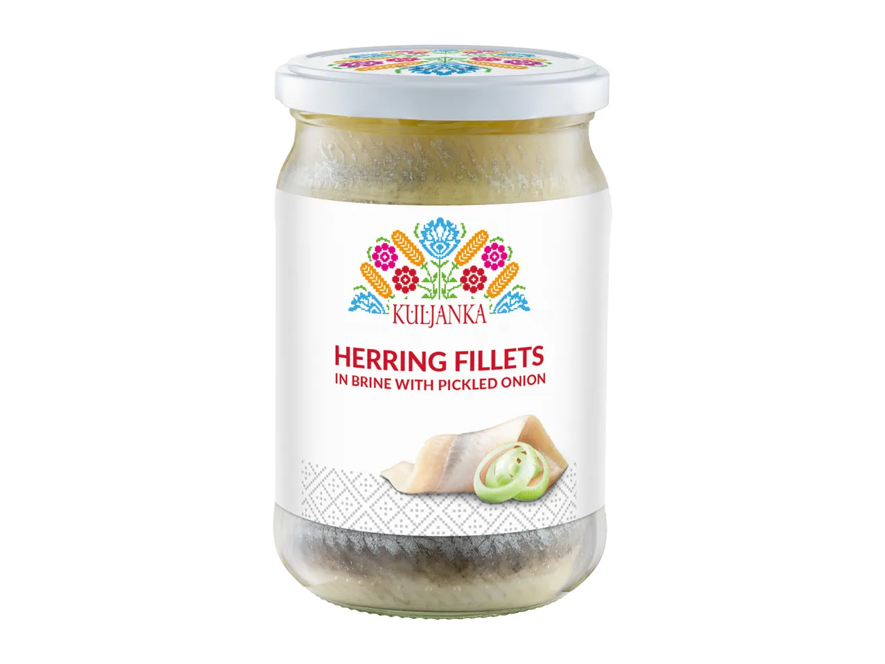 Jar of herring fillets in brine with pickled onion, featuring a folk-art inspired label.