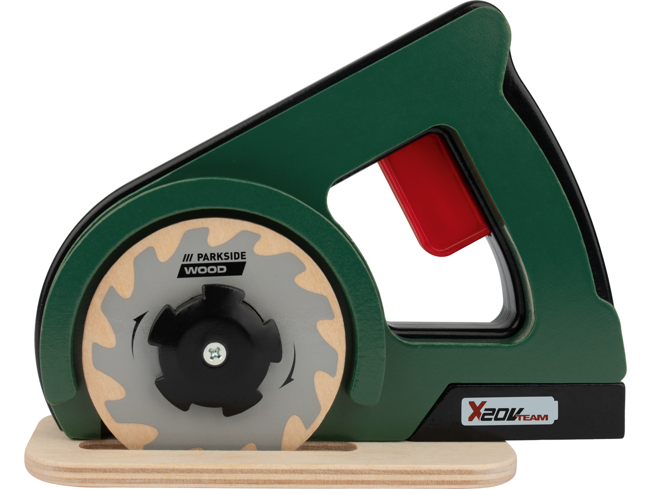 Igračka kružna testera Parkside Wood X20V Team u zelenoj i crnoj boji.