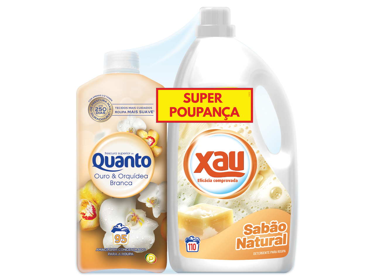 Amaciador de roupa concentrado e detergente para a roupa com a indicação 'Super Poupança'.