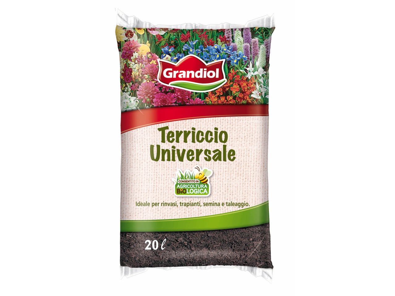Sacchetto da 20 litri di terriccio universale Grandiol, adatto per rinvasi, trapianti e semina.