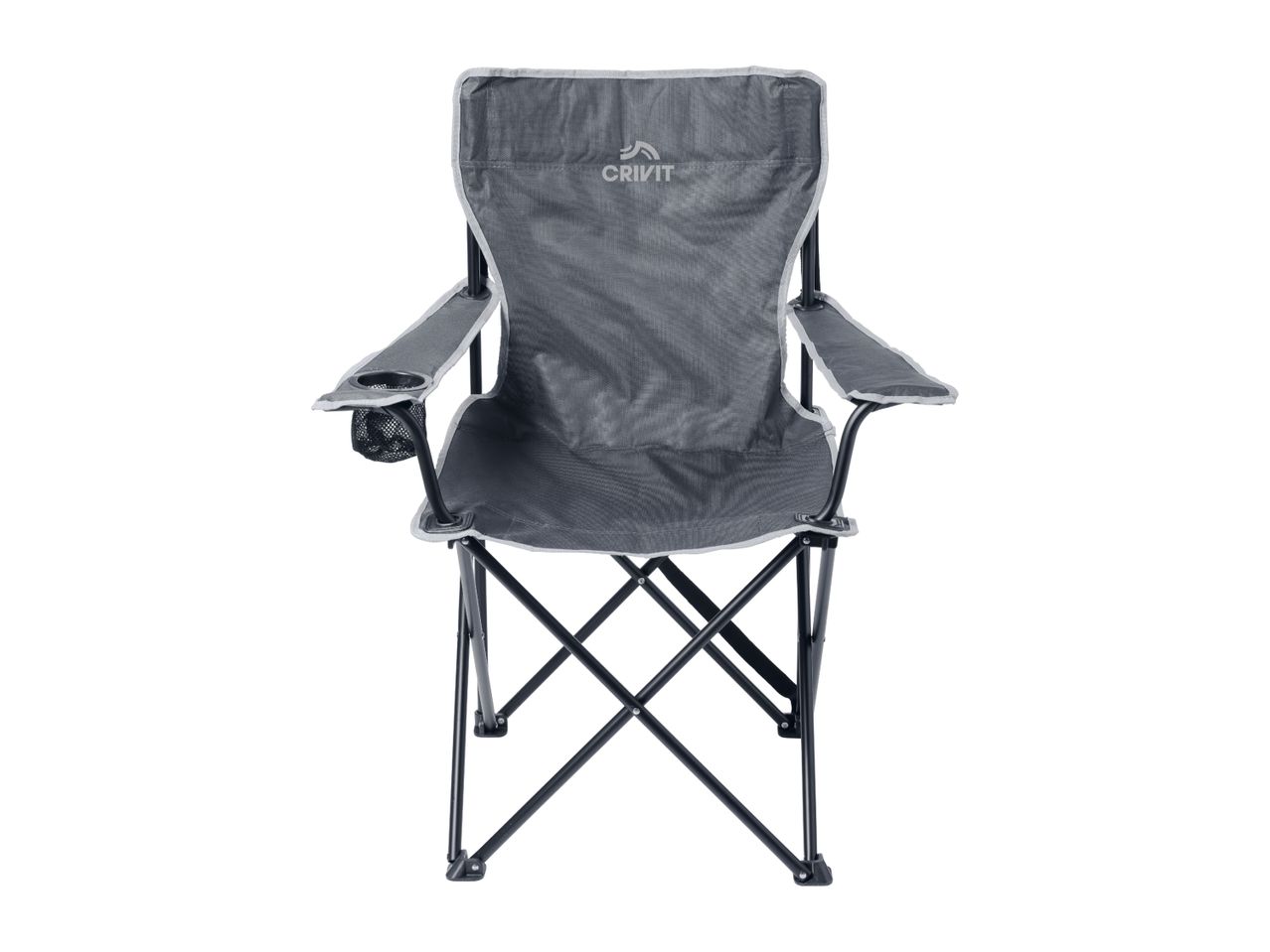 Grey folding camping chair with armrests and a cup holder.