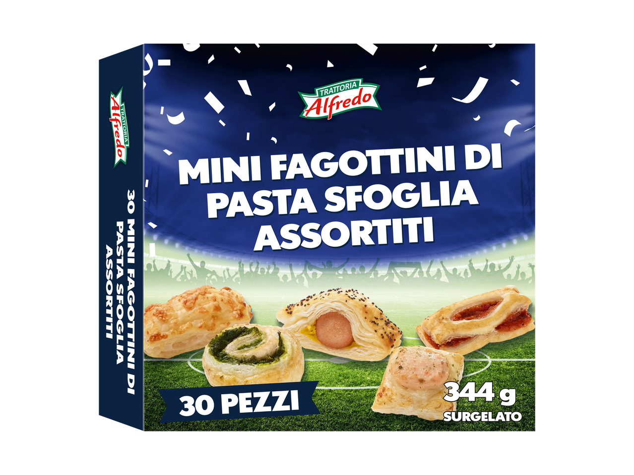 Scatola di mini fagottini di pasta sfoglia assortiti Buitoni: 30 pezzi, 344g.