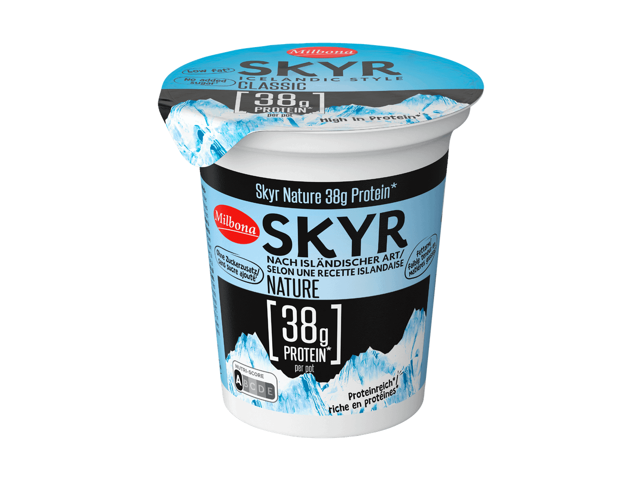 Milbona Skyr Becher, isländischer Art, mit 38g Protein pro Becher.
