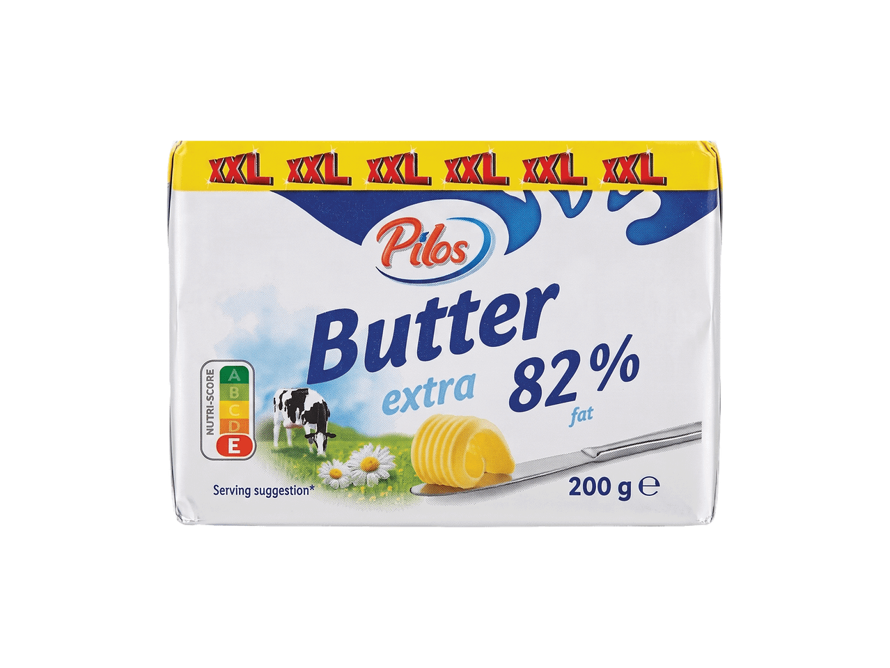 Sviesta iepakojums ar uzrakstiem 'XXL', 'Butter extra 82% fat' un '200 g e'.