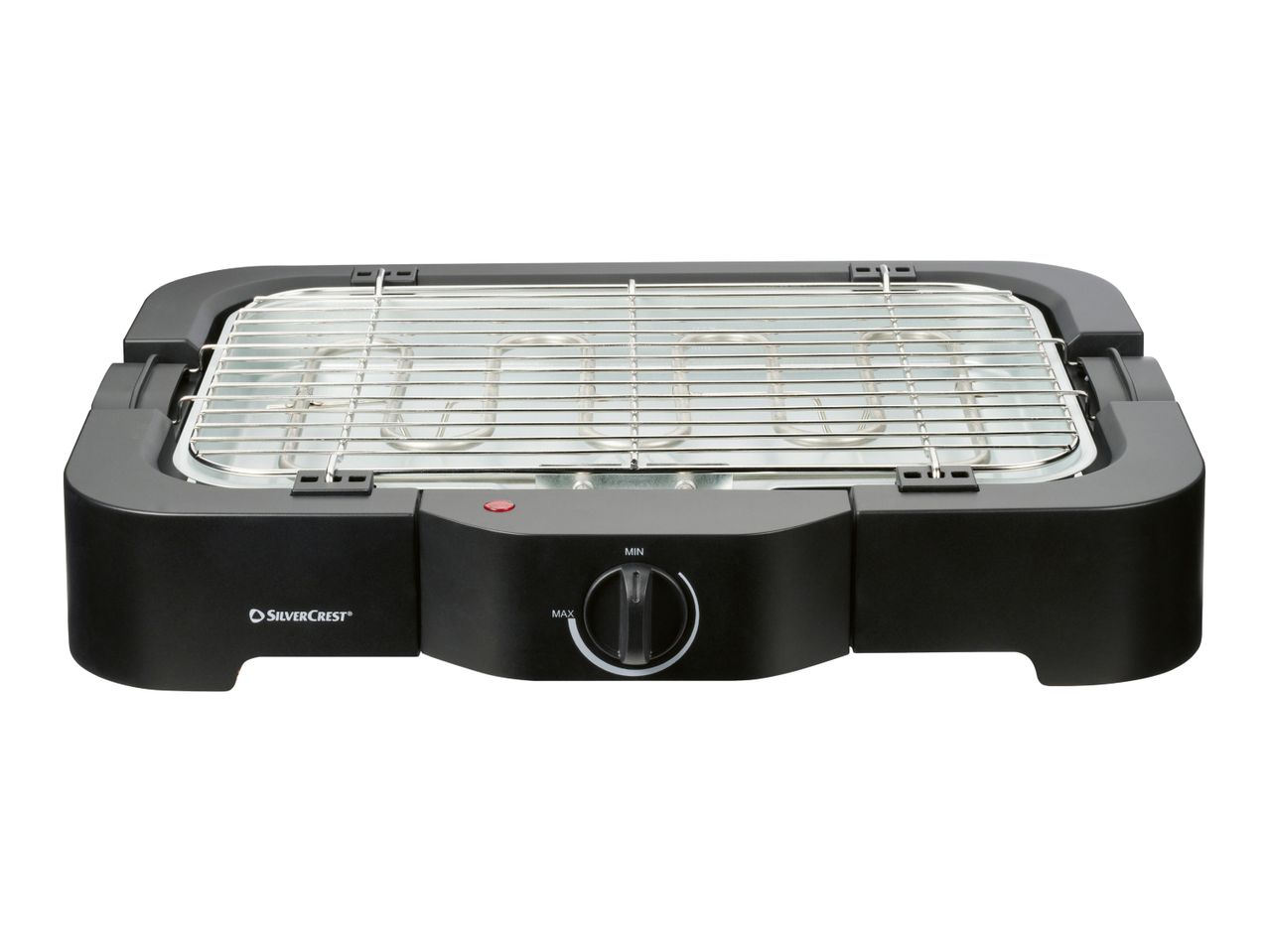 Electric table grill with a metal grate and a temperature control dial.