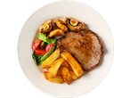 Grilled Irish beef minute steak with chips, mushrooms, and a side salad.