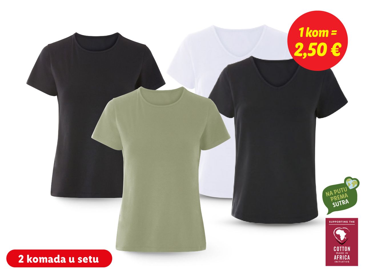 Set od tri ženske majice: crna, bijela i maslinasto zelena.