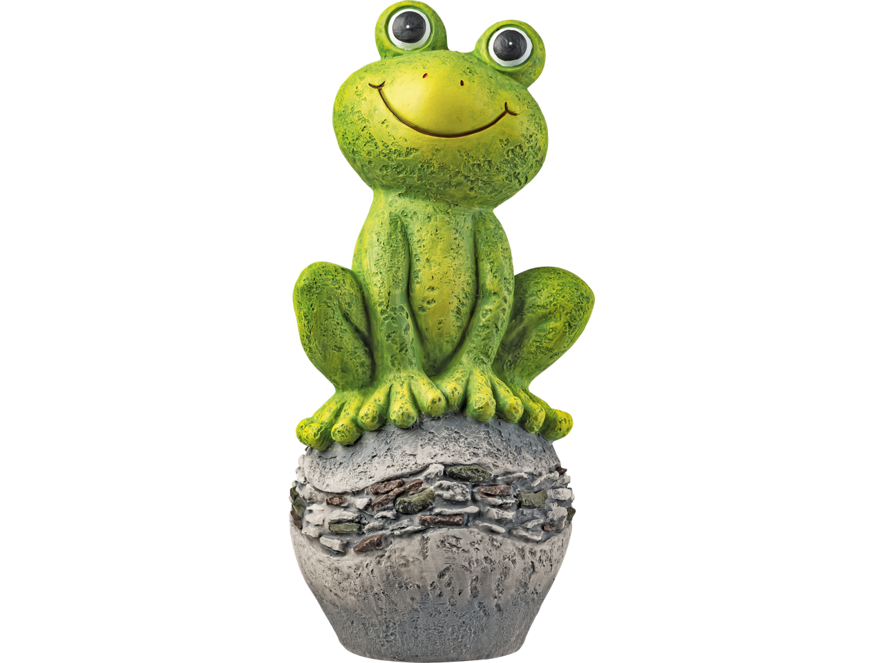 Estatueta de jardim LIVARNO: sapo verde sorridente sentado numa base de pedra.