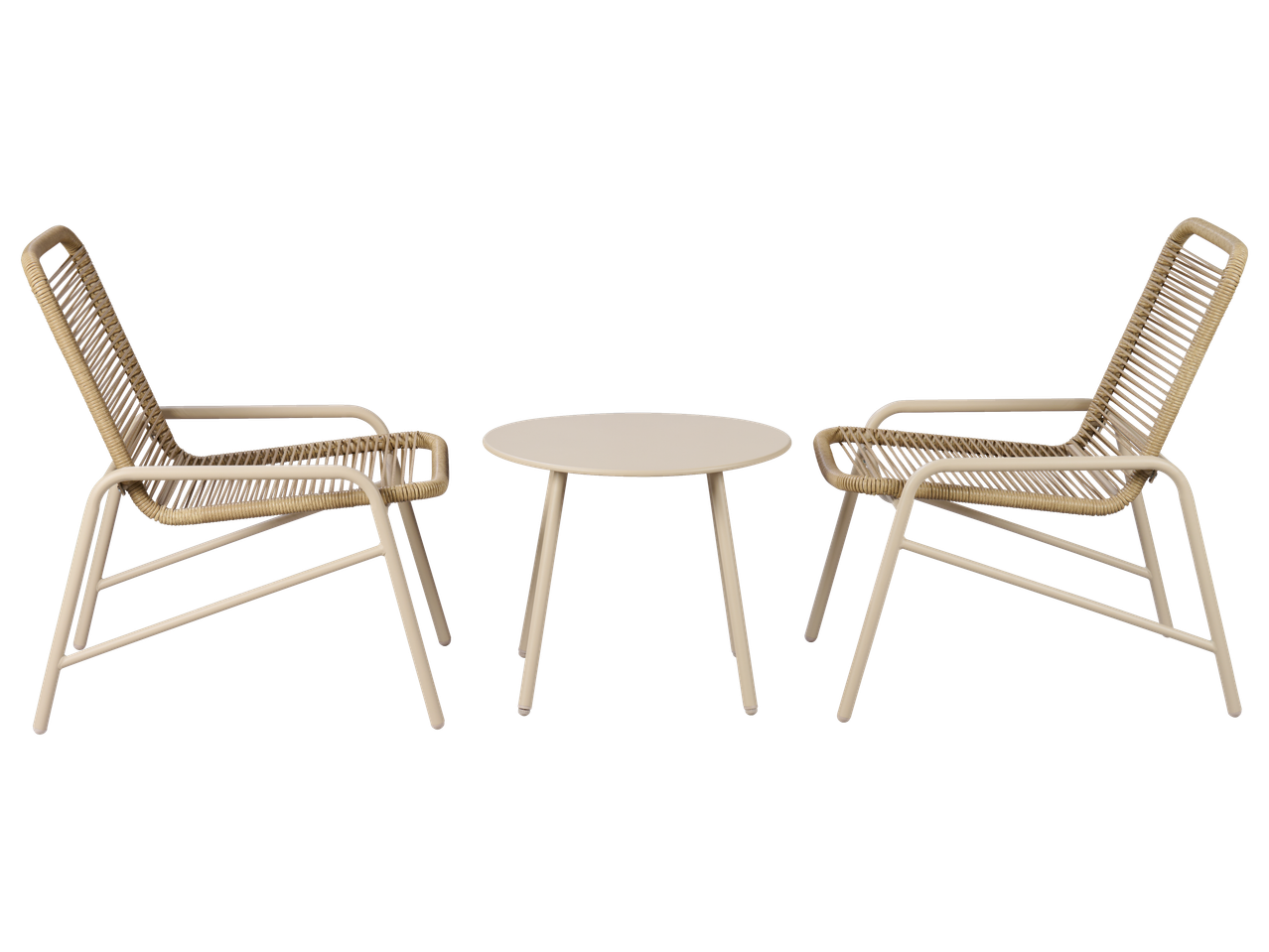 Vrtna garnitura s dvije bež stolice i okruglim stolom