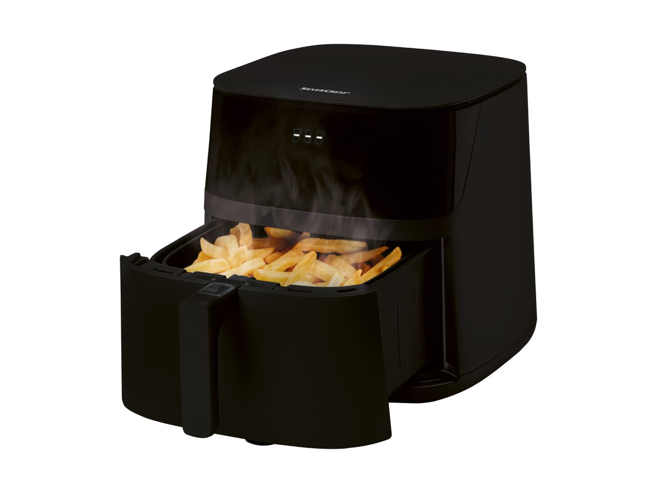 Black air fryer with a basket of golden french fries, emitting steam.