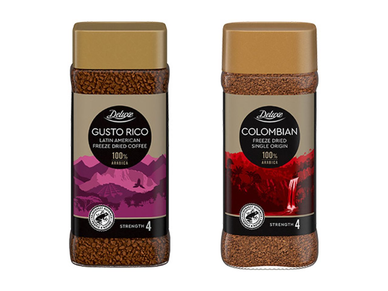 Two jars of Deluxe instant coffee: Gusto Rico Latin American and Colombian Single Origin.