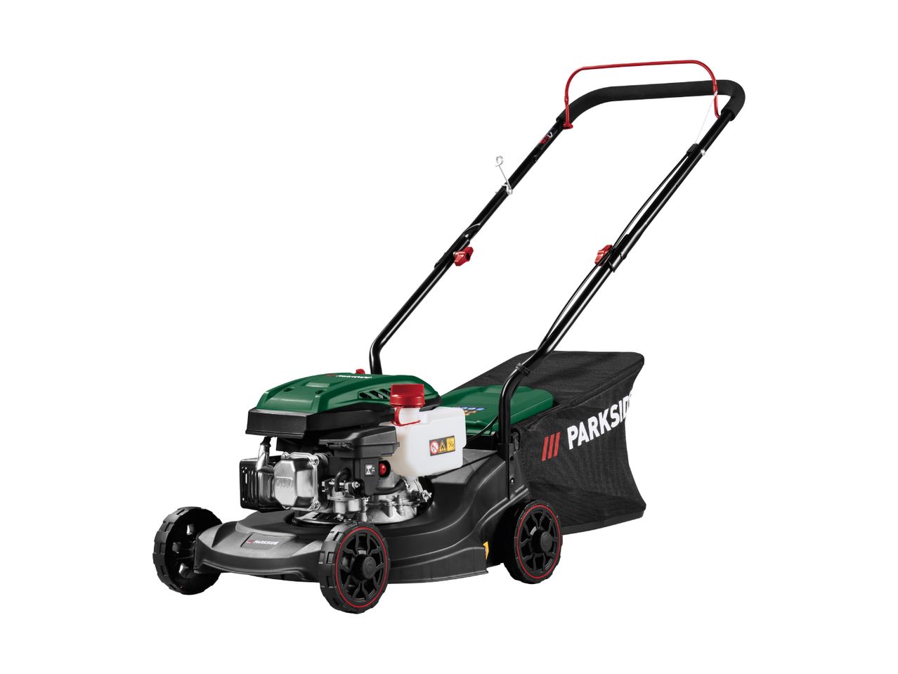 A green and black petrol lawnmower with a grass collection bag.