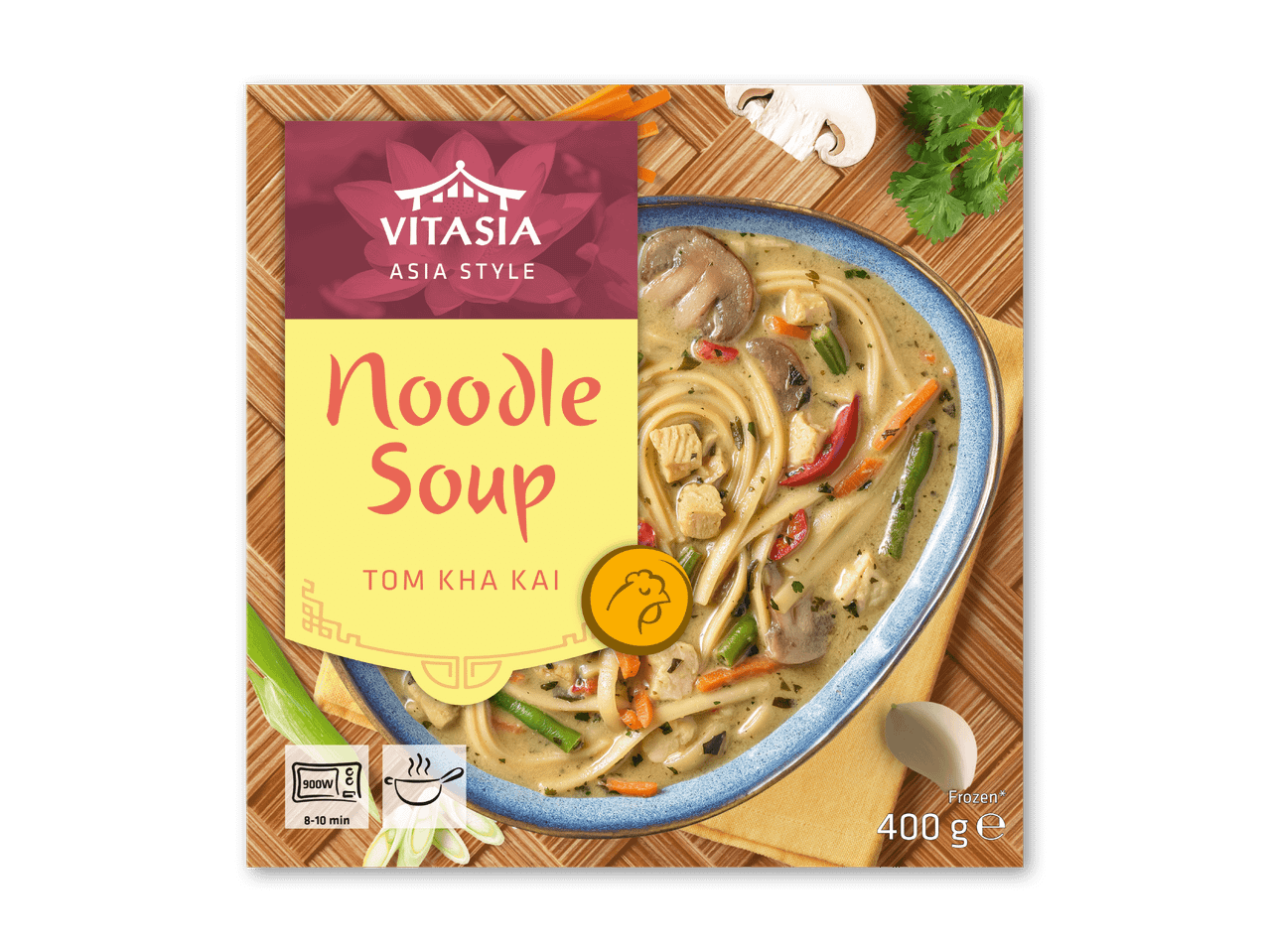 Nudelsuppe Tom Kha Kai med kylling, grøntsager og svampe, frossen, 400g.