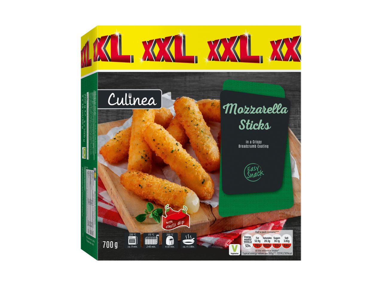 A box of Calvé mozzarella sticks, a frozen food product.