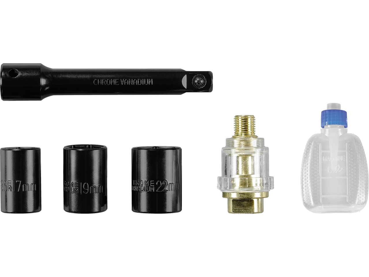 Parkside set pribora za pneumatski udarni odvijač, uključujući nasadne ključeve 17, 19, 22 mm i ulje.