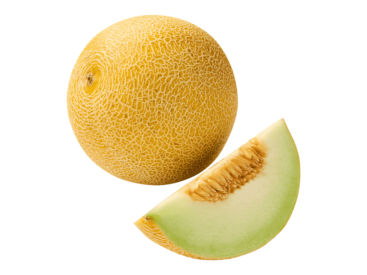 Kokonainen ja viipale hunajamelonia mustalla taustalla.