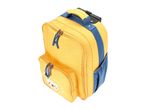Yellow children's trolley backpack with blue accents and a lion face design.