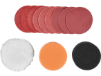 PARKSIDE® 12V Cordless Polisher/Sander accessories: red sanding discs, white polishing pad, orange and black sponge pads.