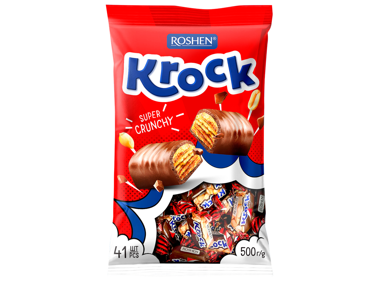 Опаковка с вафлени блокчета, покрити с шоколад, с надпис „SUPER CRUNCHY“.