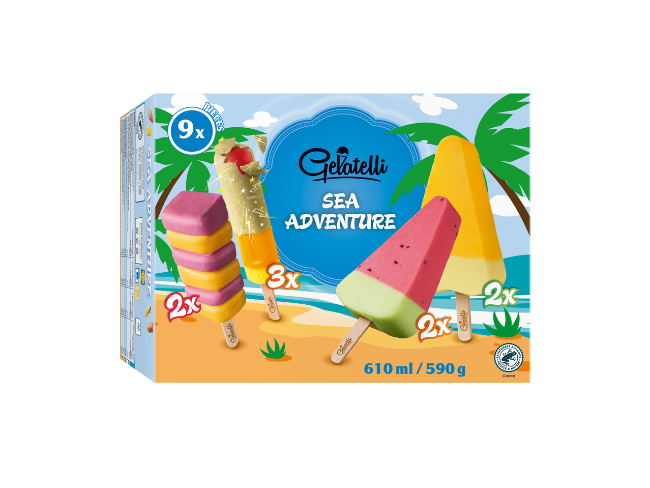 Gelatelli Sladoled na palčki premium: 9 picolés de frutas com tema marinho, 3 sabores diferentes.
