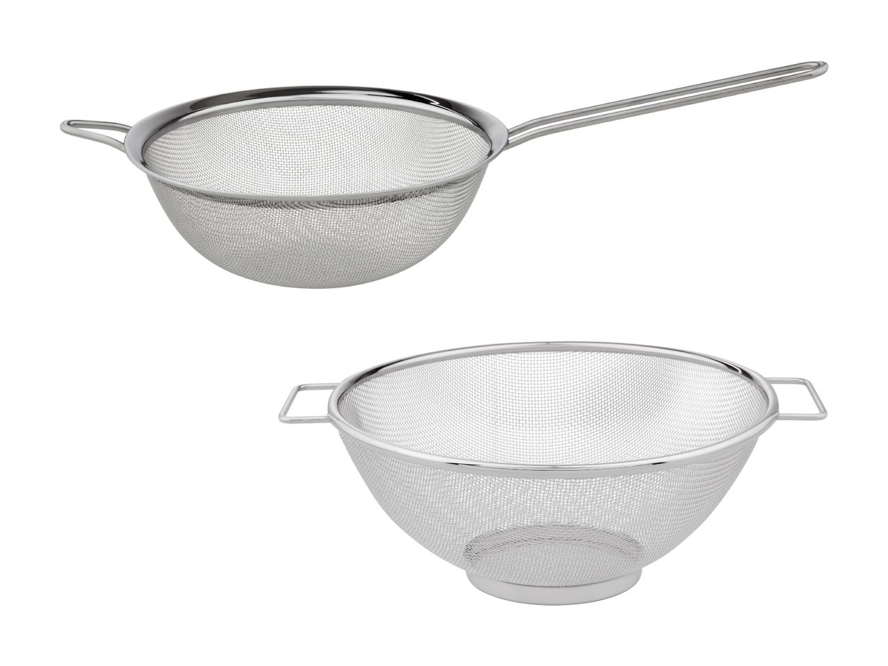 Due colini in acciaio inox, uno con un manico lungo e l'altro con due manici corti.