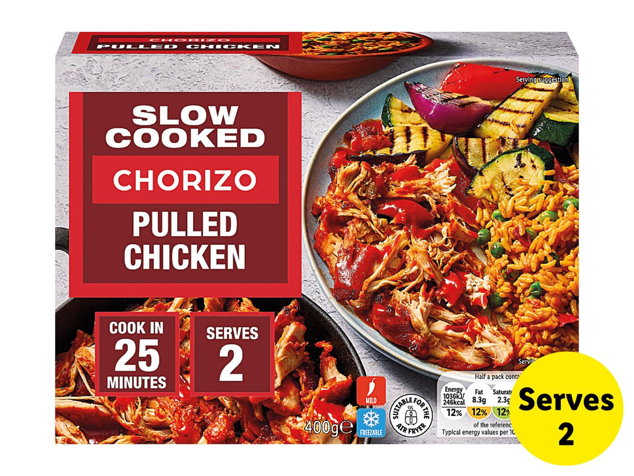 Slow Cooked Chorizo Pulled Chicken, 400g, serves 2, cooks in 25 minutes.